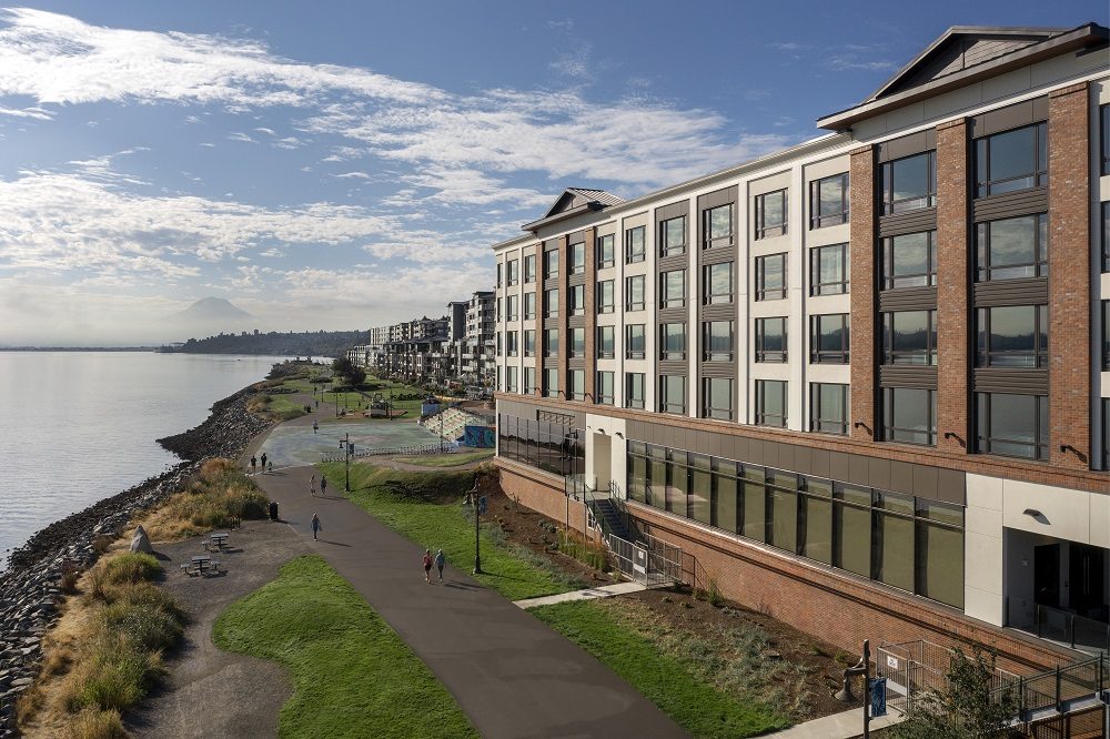 The Silver Cloud Hotel at Point Ruston, seen from the Ruston Way waterfront with Commencement Bay to the left